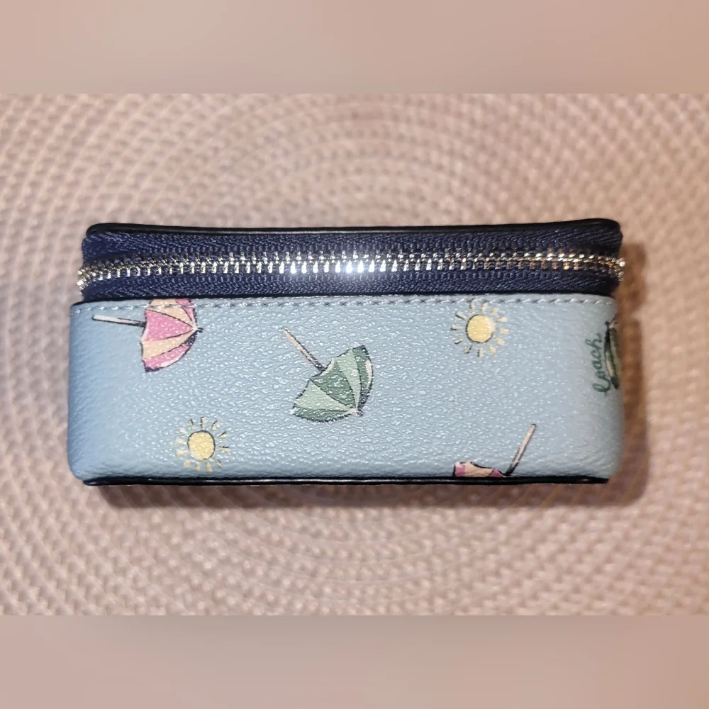 Coach Light Blue Umbrella & Sun Print Leather Zip Jewelry Case - Picture 7 of 9